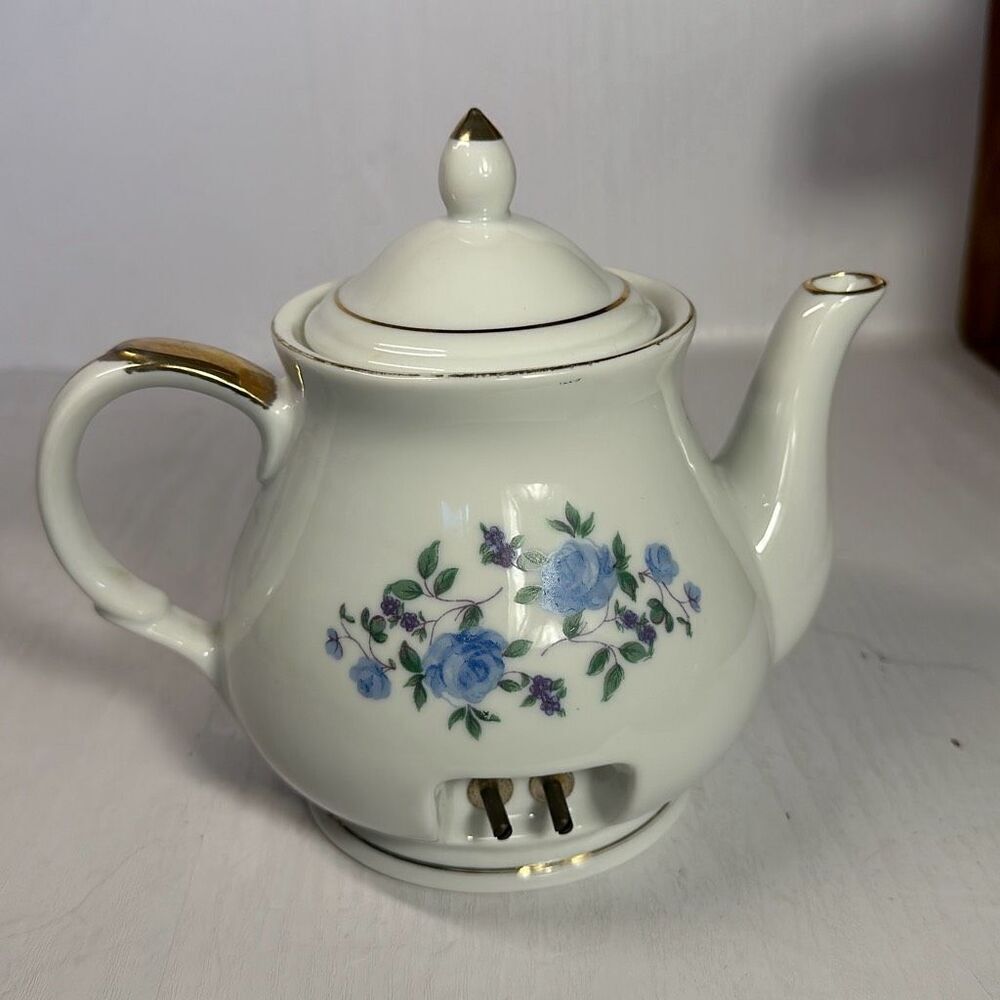 Vintage Ceramic Electric Teapot Blue Purple flowers‎ on white Japan 120V 350W